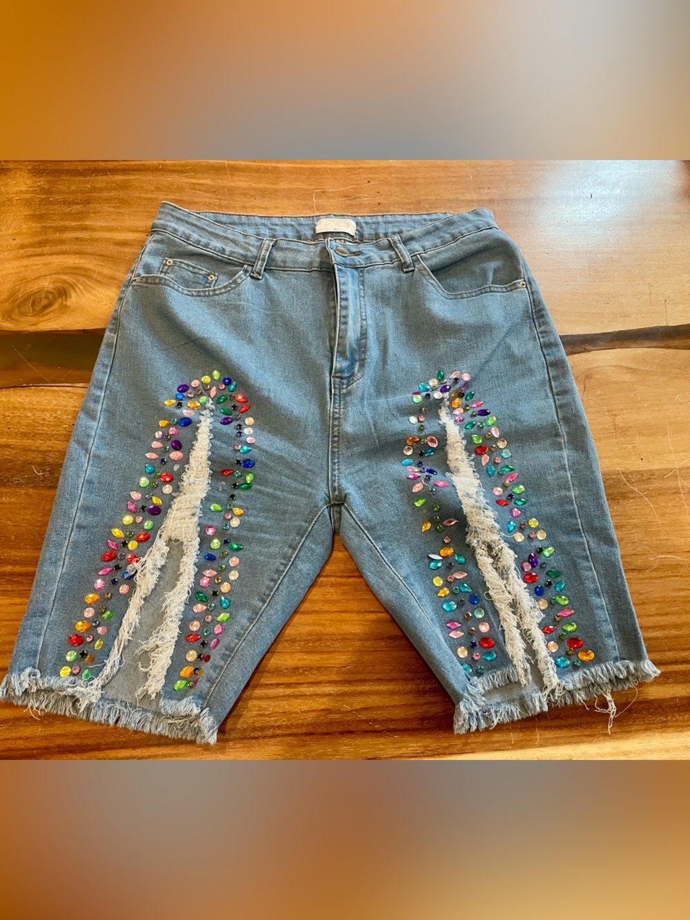 Embellished Light Blue Denim Bermuda Shorts with Multicolor Gems
